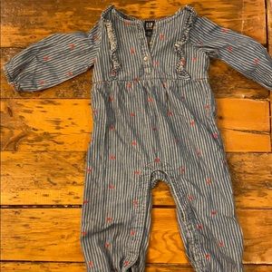 Striped denim onesie jumpsuit with embroidered ♥️
